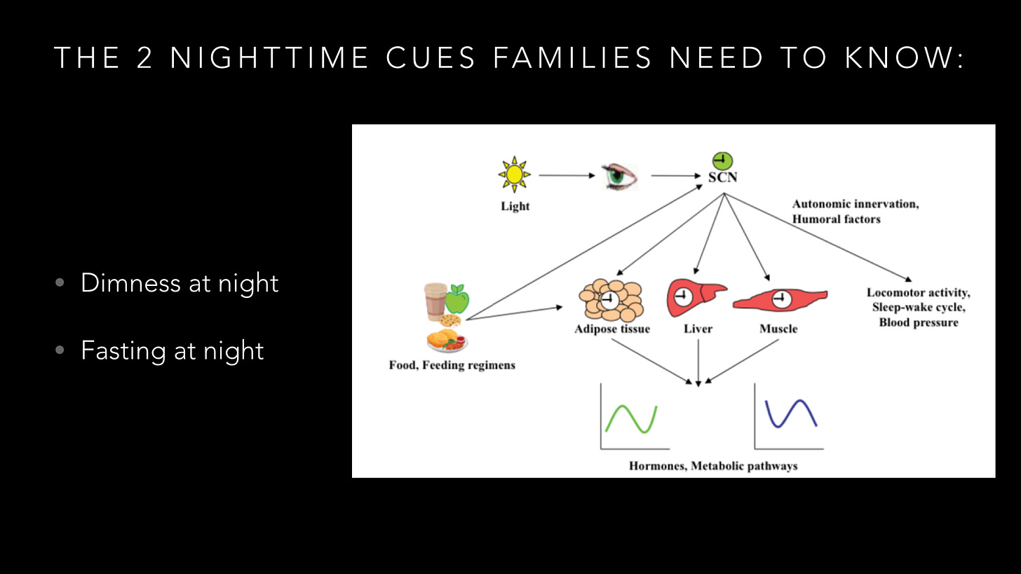 slide showing the two nighttime cues families need to know to get to bed on time