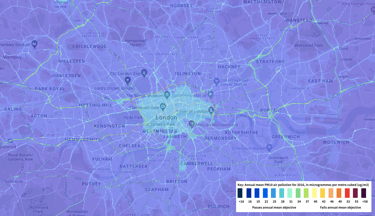 A map of concentrations of PM10 in Central London. This shows the highest concentrations of PM10 are in the core area between Hyde Park and Tower Bridge, but its within legal limits