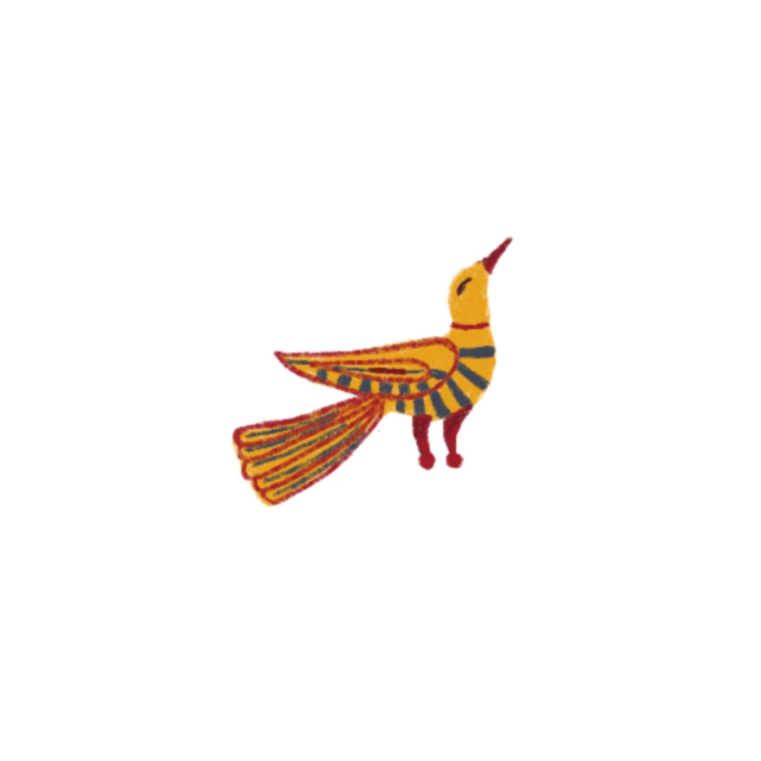 Drawing of a yellow bird with blue and red stripes.