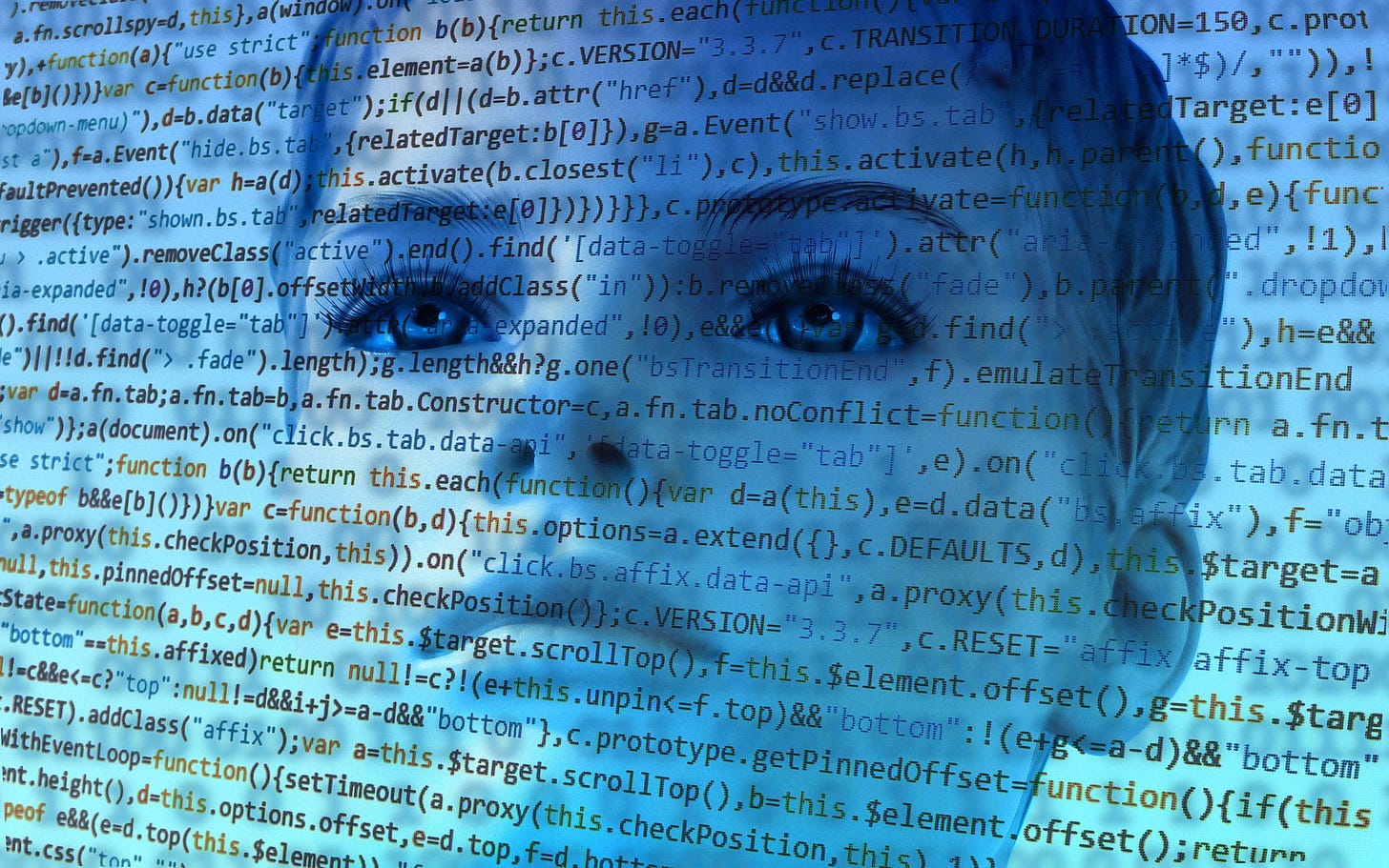 A robot face behind computer code.