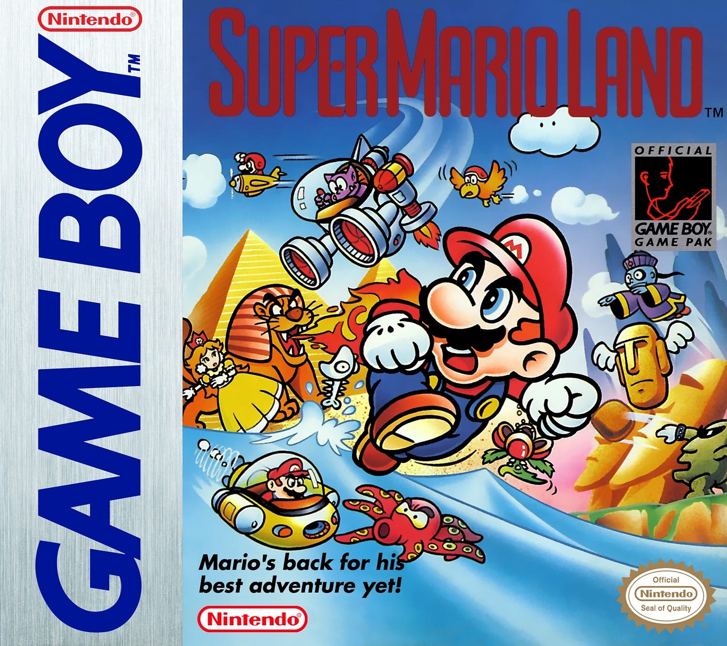 The box art for Super Mario Land, featuring Mario's use of vehicles, and the strange new foes he'd face