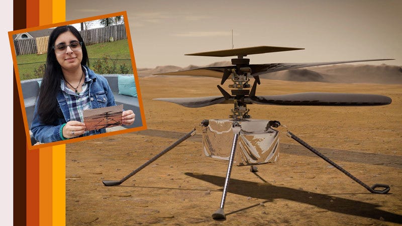 Vaneeza Rupani (inset), a junior at Tuscaloosa County High School in Northport, Alabama, came up with the name Ingenuity for NASA's Mars Helicopter (an artist's impression of which is seen here) and the motivation behind it during NASA's "Name the Rover" essay contest. 
