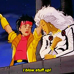 a GIF of Jubilee from X-Men gesticulating grandly and saying "I blow stuff up!" to Storm, who looks very hot here.