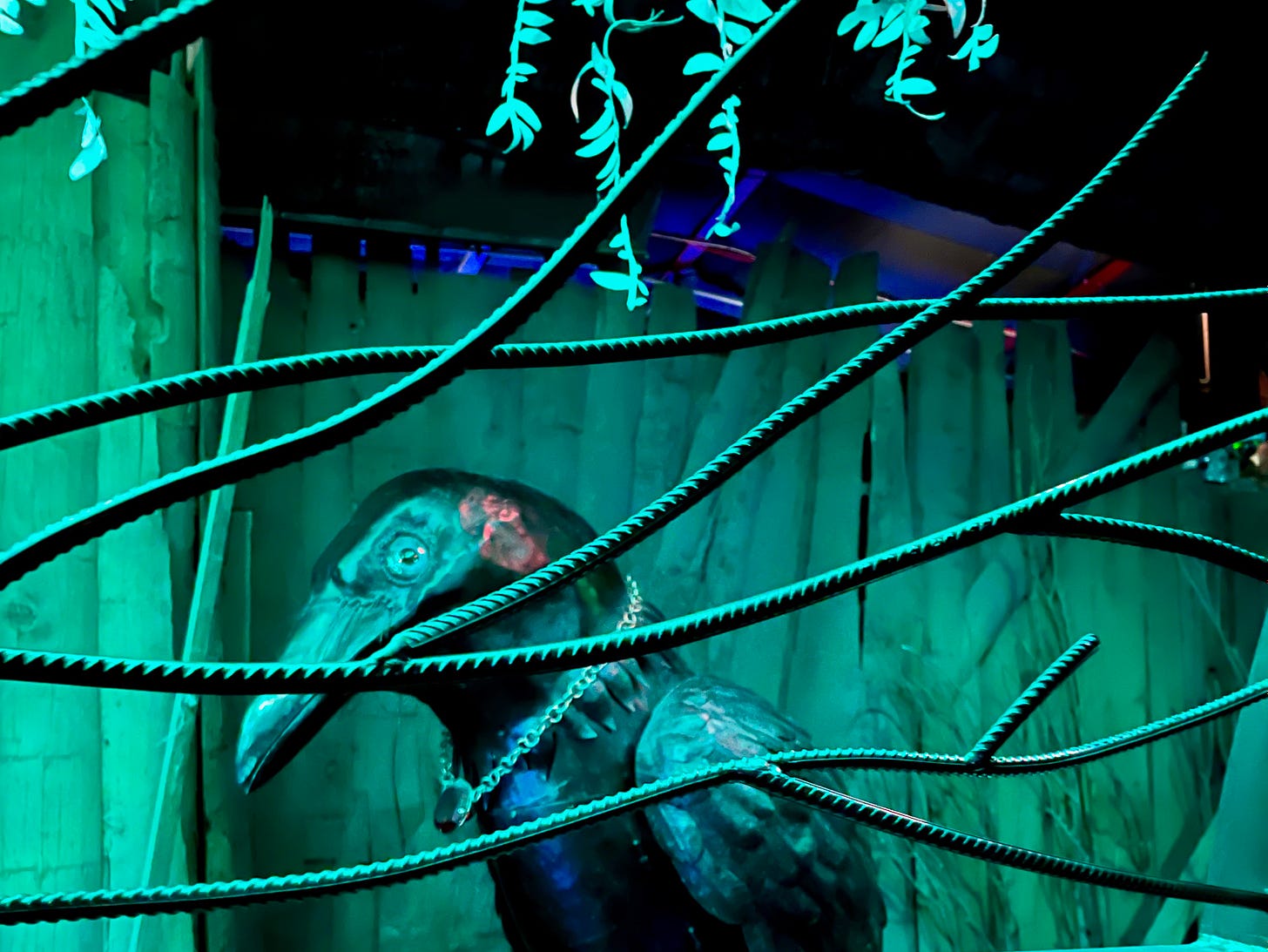 Crow statue behind a cage of rebar with green light filter. Taken at Meow Wolf, Santa Fe, NM