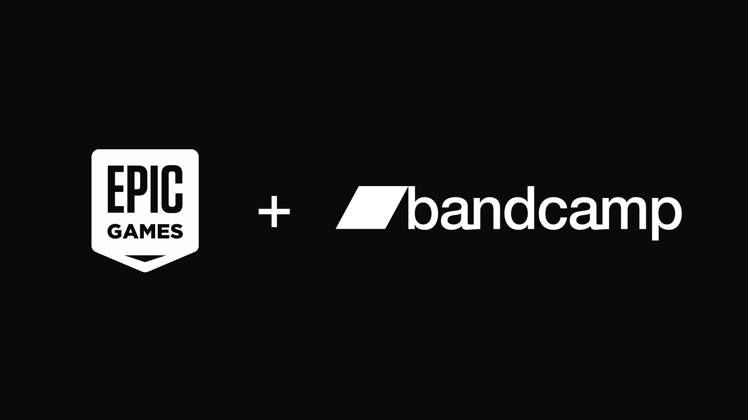 A image provided by Epic Games, black background with Epic Games logo + Bandcamp's logo