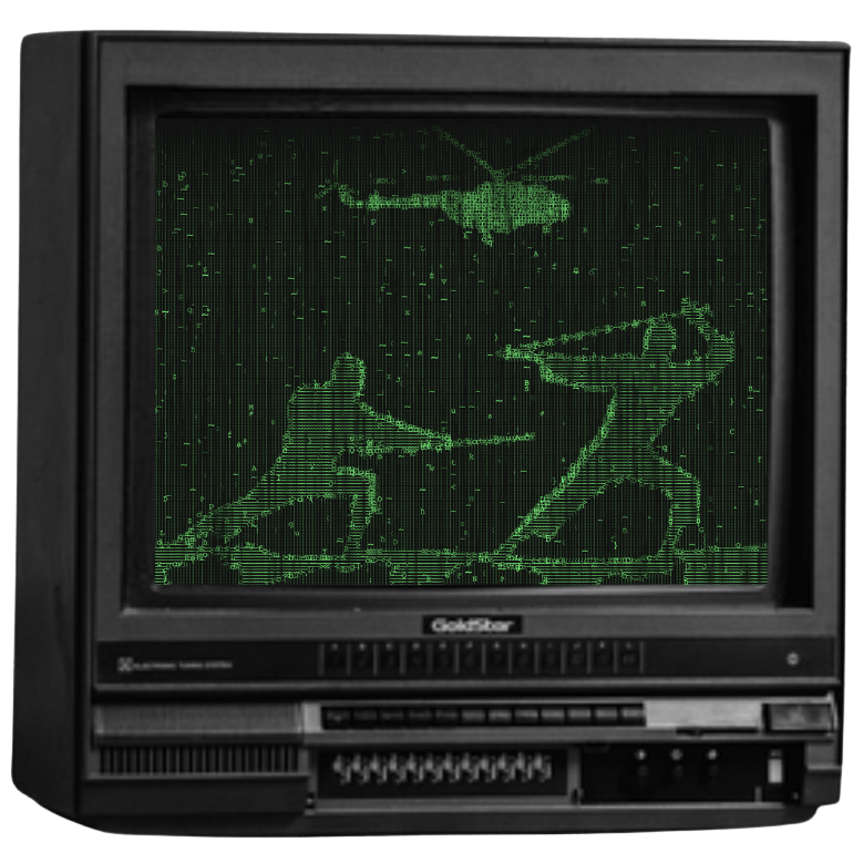 TV with image of Matrix style silhouette of two martial artists fighting with helicopter overhead