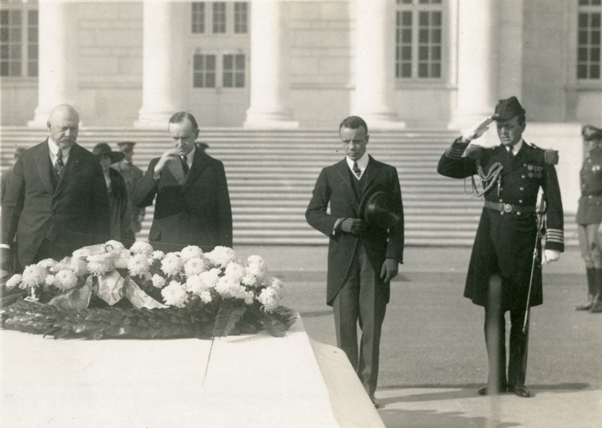 President Coolidge, Secretary of War John Weeks, & Asst. Secretary of the Navy Theodore Roosevelt, Jr. at the Tomb of the Unknown Soldier on Armistice Day (1923).