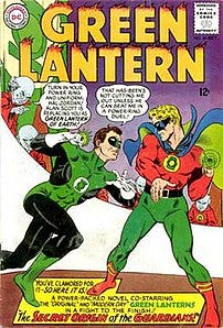 Green Lanterns of two worlds: Hal Jordan (left...