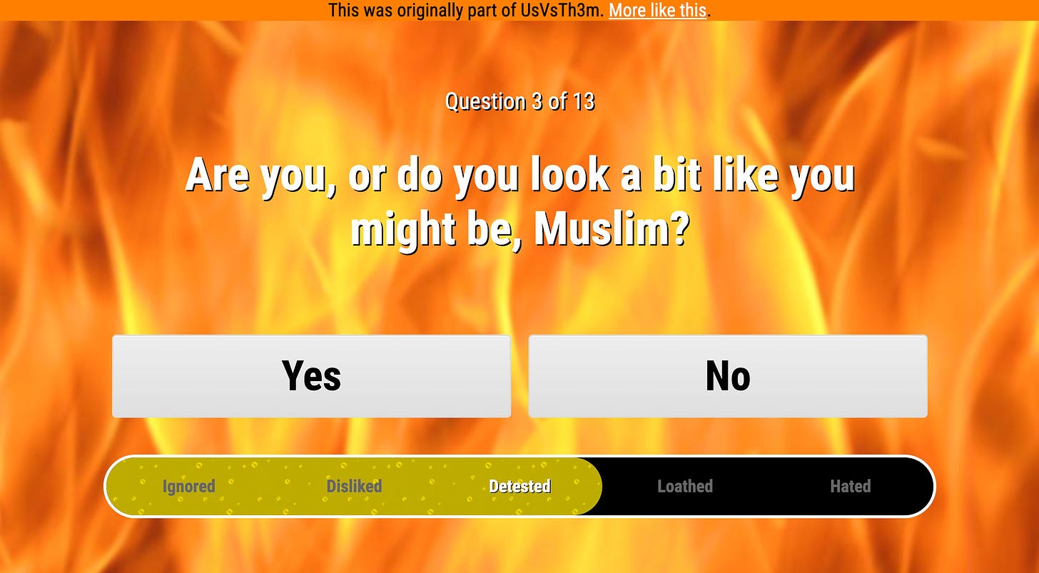Screen grab of the 'How much are you hated by the Daily Mail' game. It features question 3 of 13 which ask 'Are you, or do you look a bit like you might be Muslim. Below are answer buttons 'Yes' or 'No'. Below them there is a scale of hatred, starting with ignored, then disliked, then detested, then loathed, then hated. The background is fire. A bit like the fires of hell.