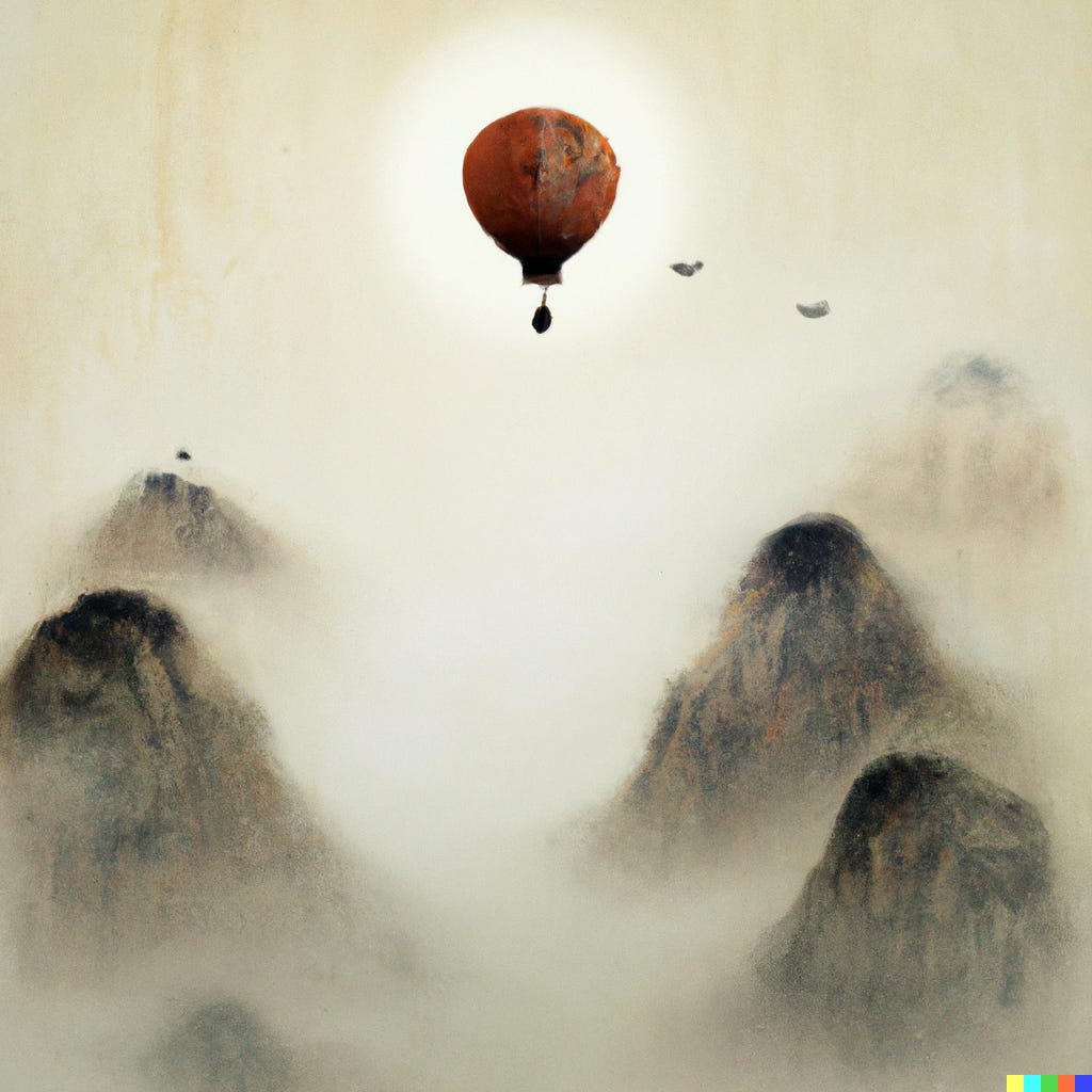 "A traditional Chinese painting of a hot air balloon flying above foggy mountains" by Dalle-2