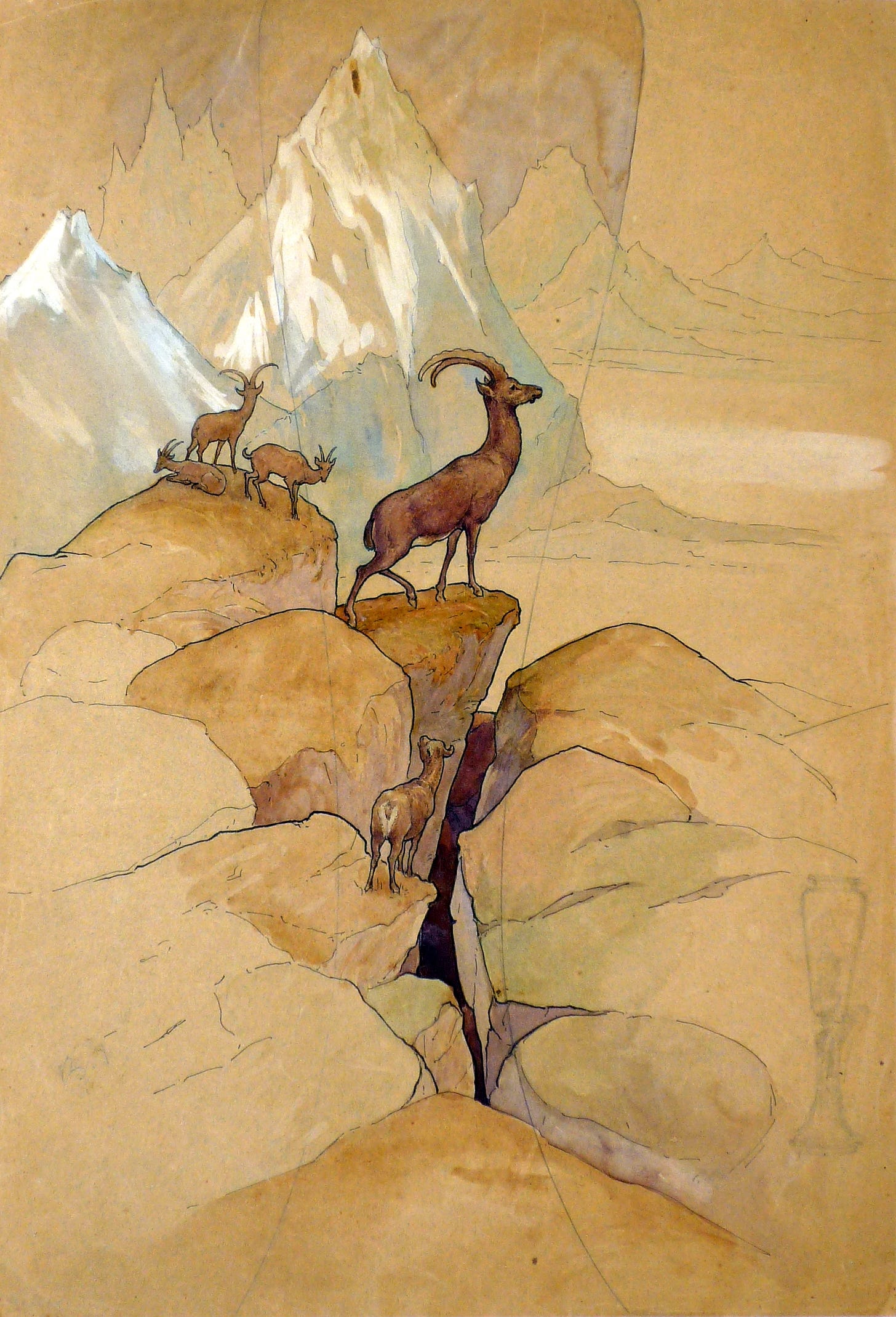 Louis Hestaux, Mountain landscape with Alpine ibex, undated, from the Jean Rouppert archives, Z148 (© Ronald Muller).