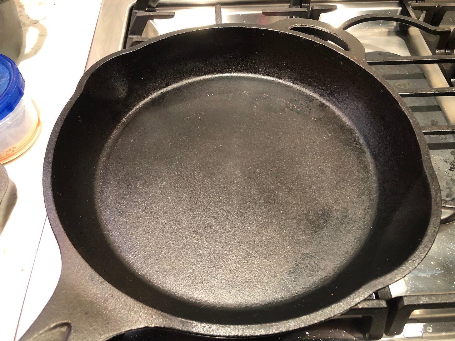 A well-seasoned cast iron pan