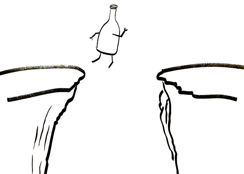 An anthropomorphic bottle leaps over a chasm