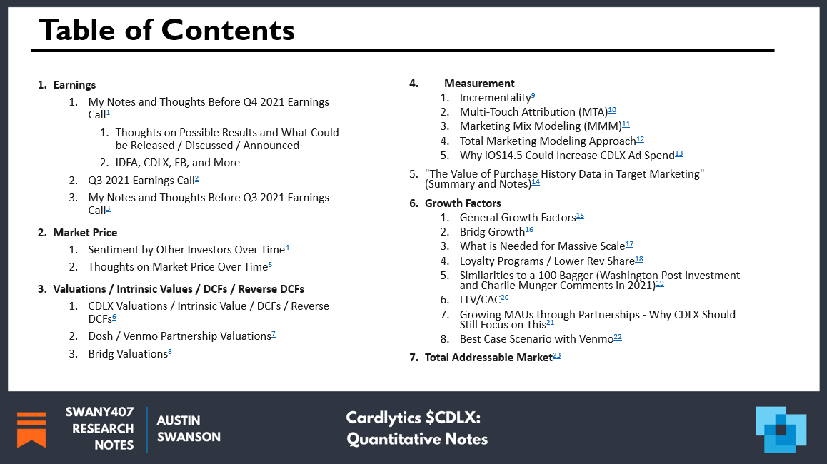 Cardlytics CDLX Quantitative Research Notes Swany407 Research Notes Austin Swanson, Competitive Advantages, Dosh, Bridg, product-level offers, new ad server, attribution, conference, presentation, partners, affirm, apple pay, google pay, POS Systems, API, insights, google, facebook, visa, mastercard, concentration, advertisers, risks, BofA renewal, self-service, short thesis, differentiation, execution risk, engagement, insider selling, glassdoor reviews, purchase data, twitter, additional resources, earnings, market price, sentiment, valuation, intrinsic value, measurement, incrementality, multi-touch attribution, marketing mix modeling, total marketing modeling, iOS14.5, IDFA, growth, massive scale, loyalty programs, 100 bagger, charlie munger, LTV/CAC, ROAS, total addressable market, TAM, $CDLX