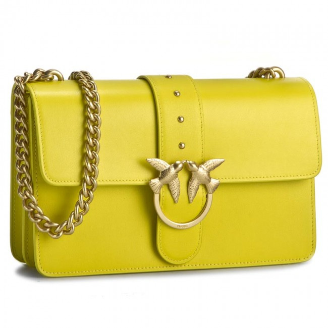 Pinko purse. Bright yellow with gold chain. The clasp has two gold birds on a gold circle.