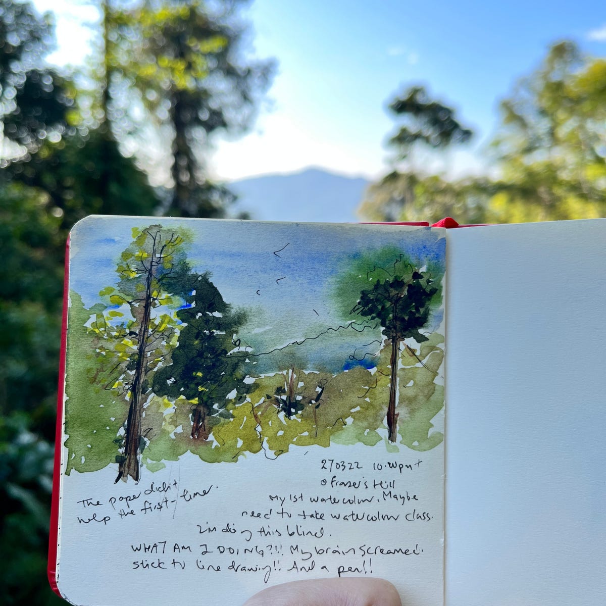 Image: a hand holding up a sketchbook against a landscape backdrop. The watercolour sketch was inspired by the landscape of turquoise blue sky, a greenish, greyish mountain range in the distant background, and surrounded by trees in different hues of greens in the middle ground. 