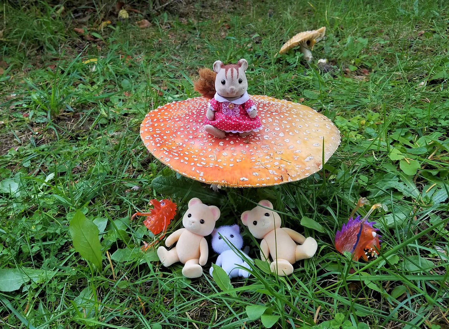 A red and white amanita muscaria mushroom with little toys arranged around it