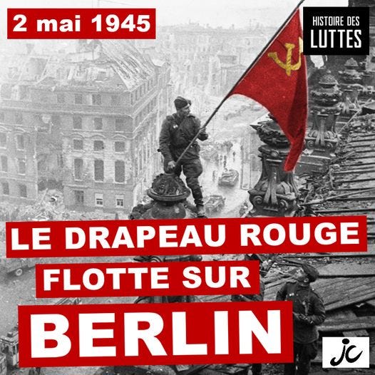 Peut être une image de 1 personne, monument et texte qui dit ’2 mai 1945 HISTOIRE DES LUTTES LE DRAPEAU ROUGE FLOTTE SUR BERLIN jc’