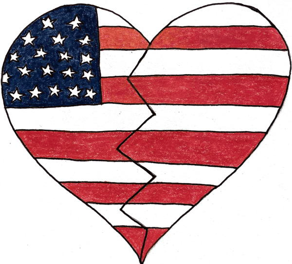 Drawing of a heart with an American flag design on it with a crack down the middle