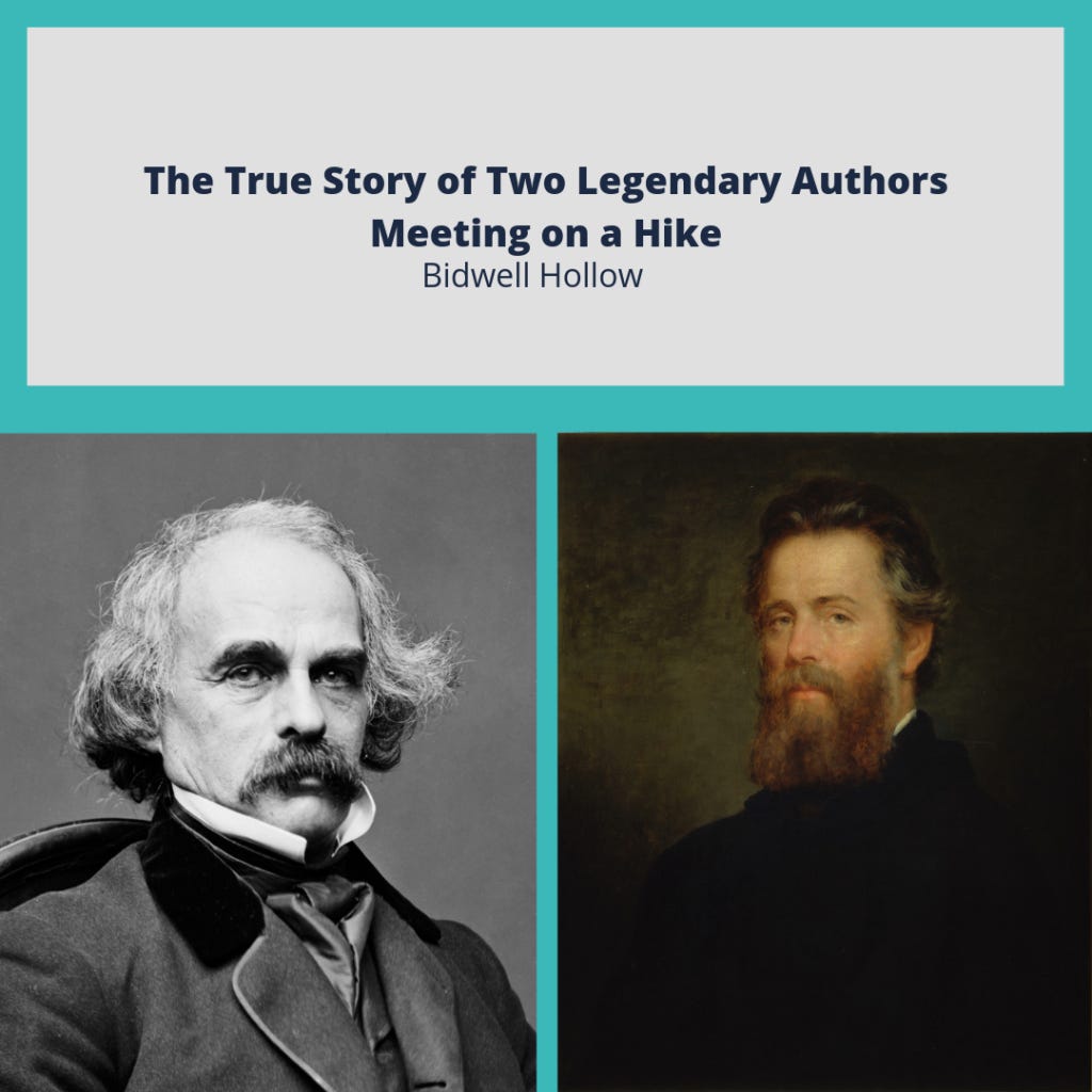 Portraits of Nathaniel Hawthorne and Herman Melville below the text, "The True Story of Two Legendary Authors Meeting on a Hike."