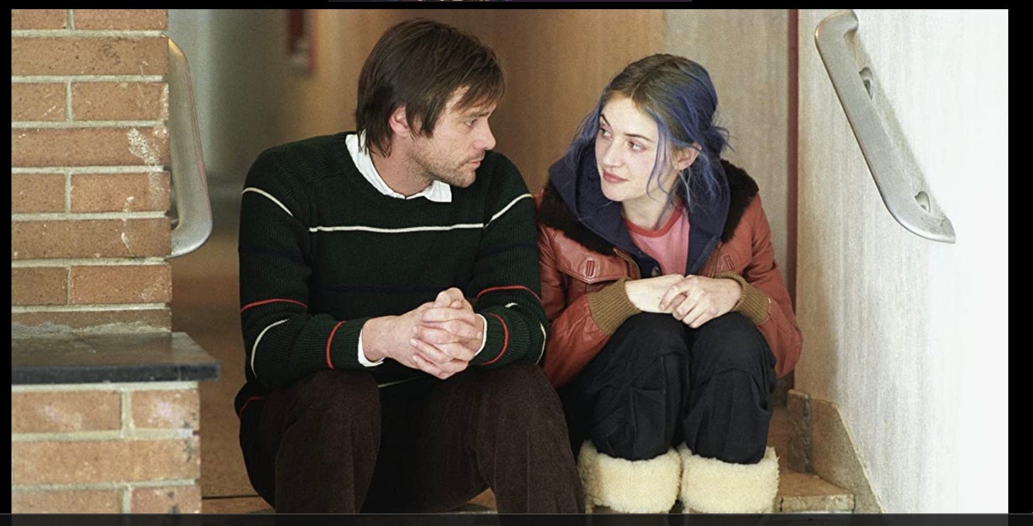 The film ‘Eternal Sunshine of the Spotless Mind,’ written by Charlie Kaufman, deploys nonlinear narrative to explore the nature of memory, regret, and love between an estranged couple. Picture here: Kate Winslet and Jim Carrey. 