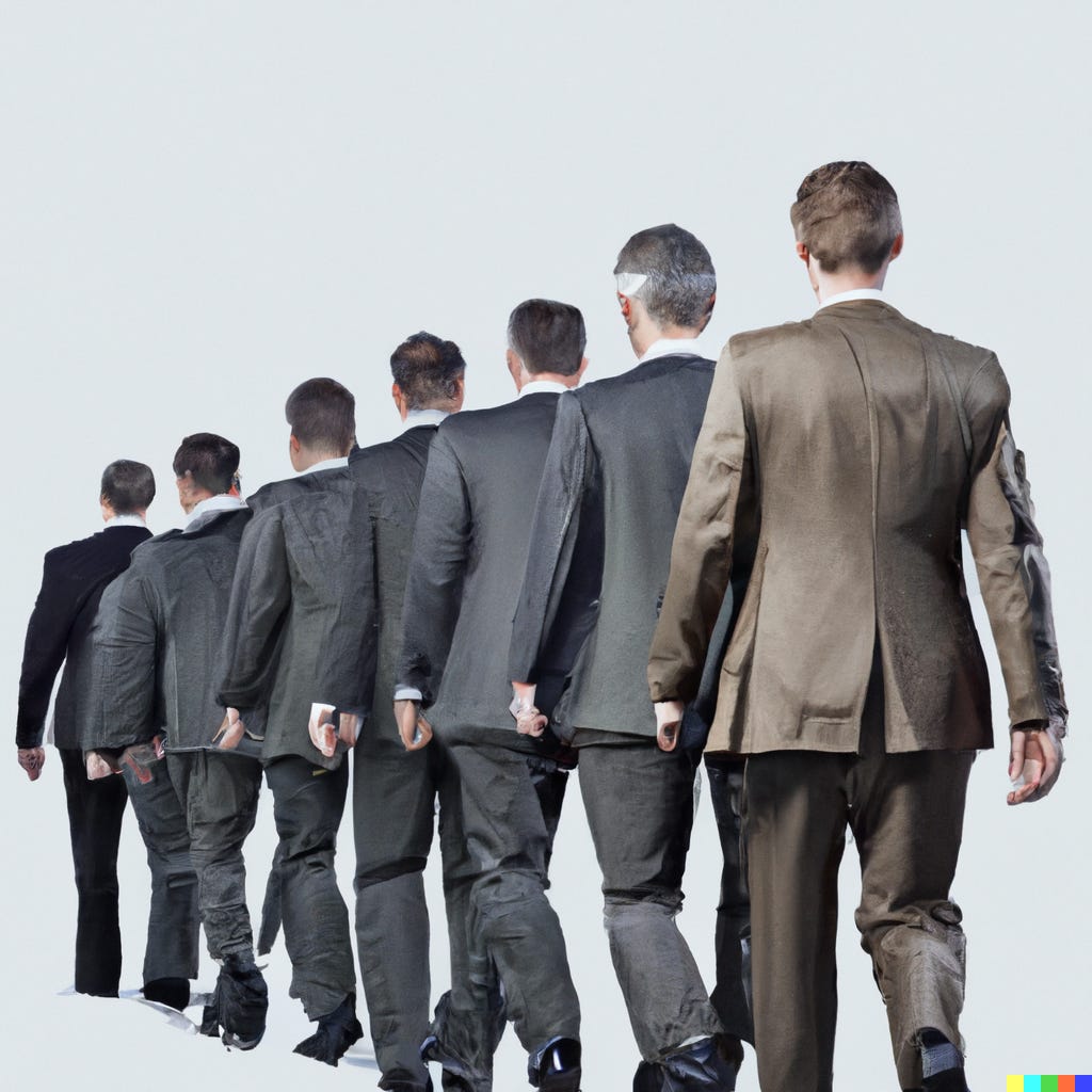 “rear portrait of an army of businessmen marching in lockstep” / DALL-E