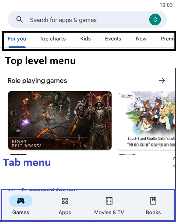 A screenshot of Google Play, with the Top-level menu and Tab menu being highlighted on the page. The top-level menu is all local options (which change the games shown) while the Tab menu is all global options (such as Games, Apps, and Movies).
