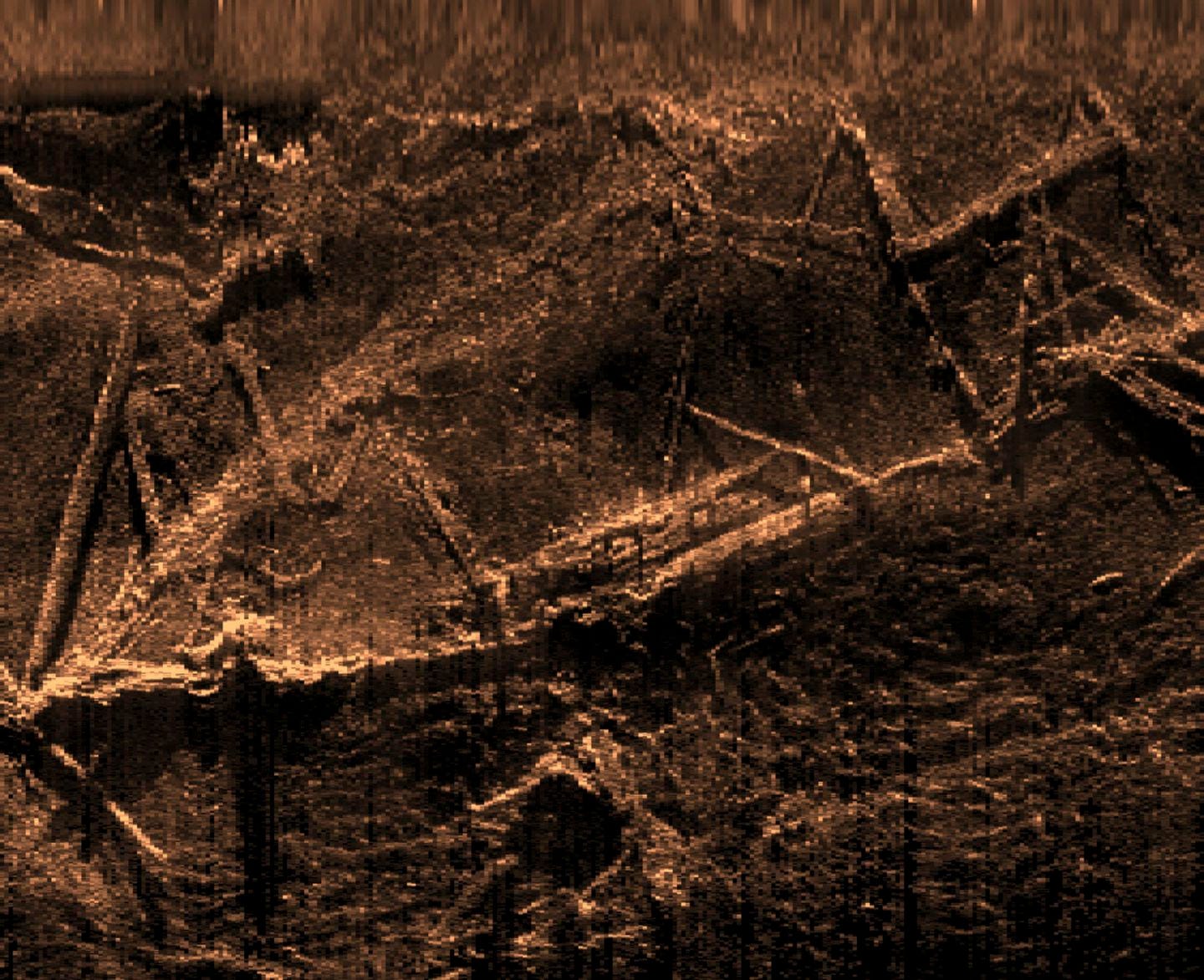 A sonar image provided by the Alabama Historical Commission showed the remains of the Clotilda, the last known US ship involved in the trans-Atlantic slave trade, which lies submerged near Mobile, Ala.