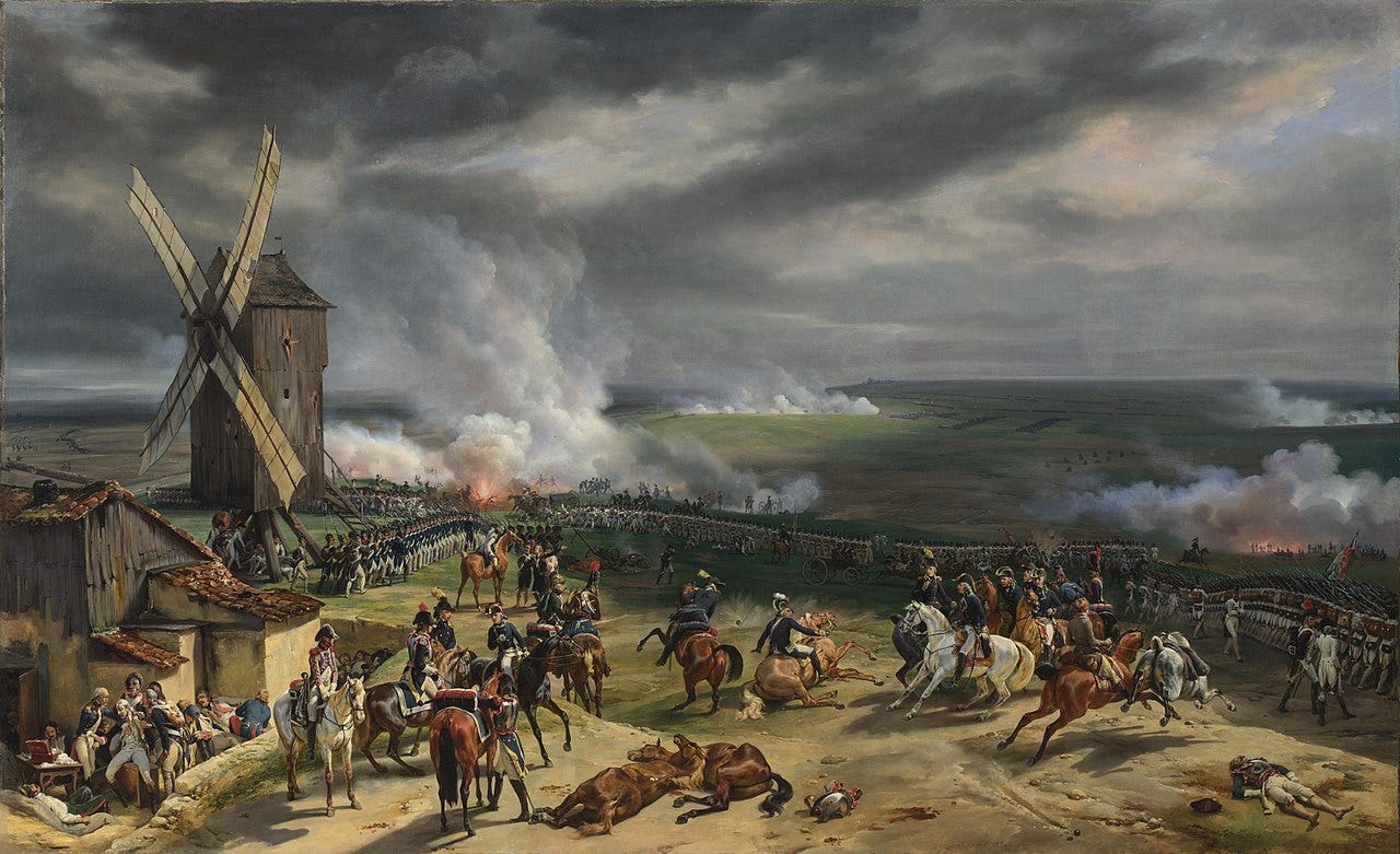 A painting of the Battle of Valmy. In it, the fire of cannon and muskets can clearly be seen.
