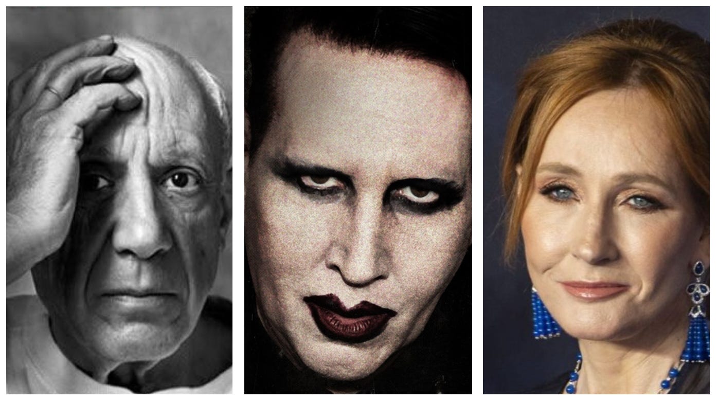 A tryptic of portraits: Pablo Picasso, Marilyn Manson, and JK Rowling
