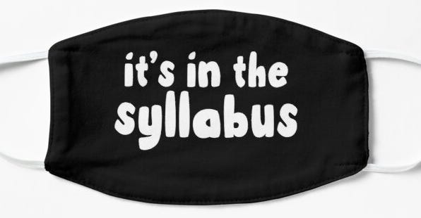 Black face mask with text "it's in the syllabus"