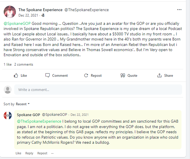 The SpokaneGop Gab calls for someone to challenge Cathy McMorris Rodgers in a primary — and misspells her name. - GAB SCREENSHOT