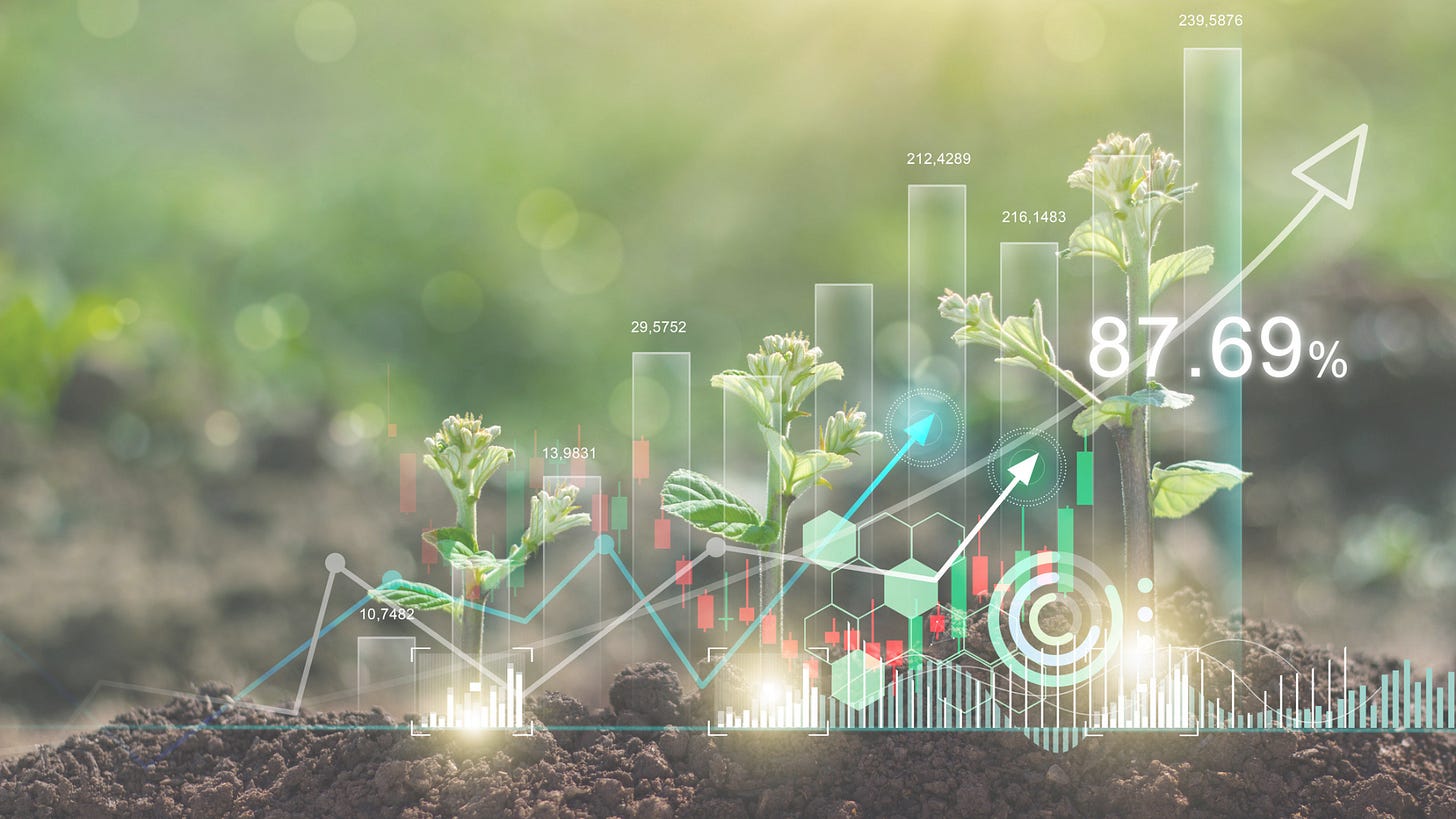 a growing plant from soil with graphical data