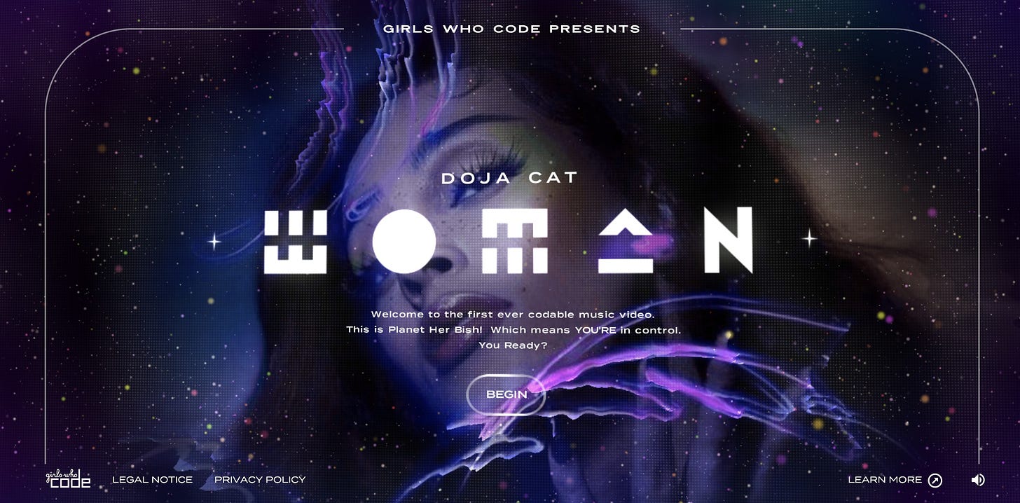 可能是顯示的文字是「 WHO CODE PRESENTS 出 DOJA CAT OmNN Ûev the first ever codable music This is Planet Her Bish! Which means n control. You Ready? BEGIN LLODE EGAL NOTICE PRIVACY ICY LEARN MORE 」的圖像