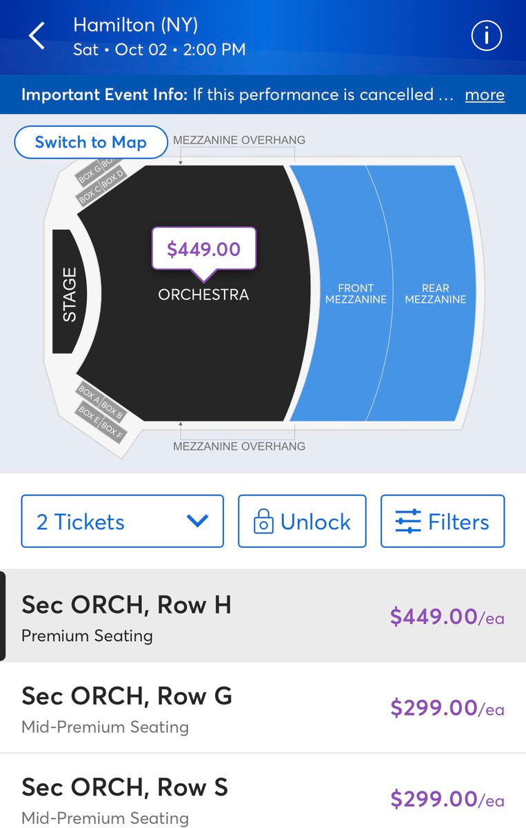 Screenshot of Hamilton ticket prices