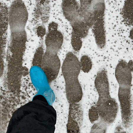 A stop-motion photo animation loop of feet walking on a slushy snowy sidewalk filled with footprints. The snow is white, the legs are black, the boots are bright blue.