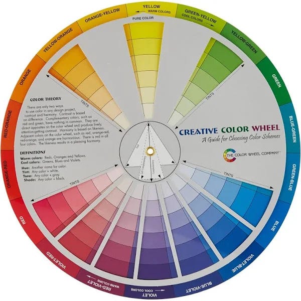 A cardboard color wheel for designing color schemes. Reds, pinks, purples, blues and yellows are showing.
