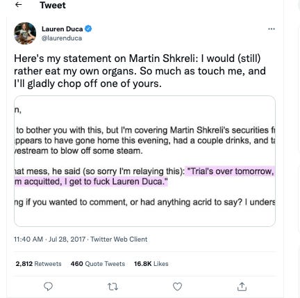 After Martin said he would get to “fuck” Lauren Duca during one of his live streams, she tweeted that she would “chop off” his “organ.”