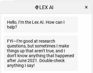 Screenshot of the LEX AI assistant chat box
