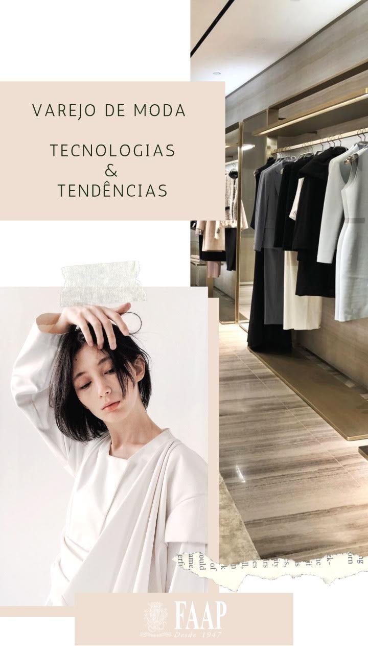 imagem de divulgação para o evento "varejo de moda: tecnologia e tendencias", com título e imagem de uma loja e uma modelo