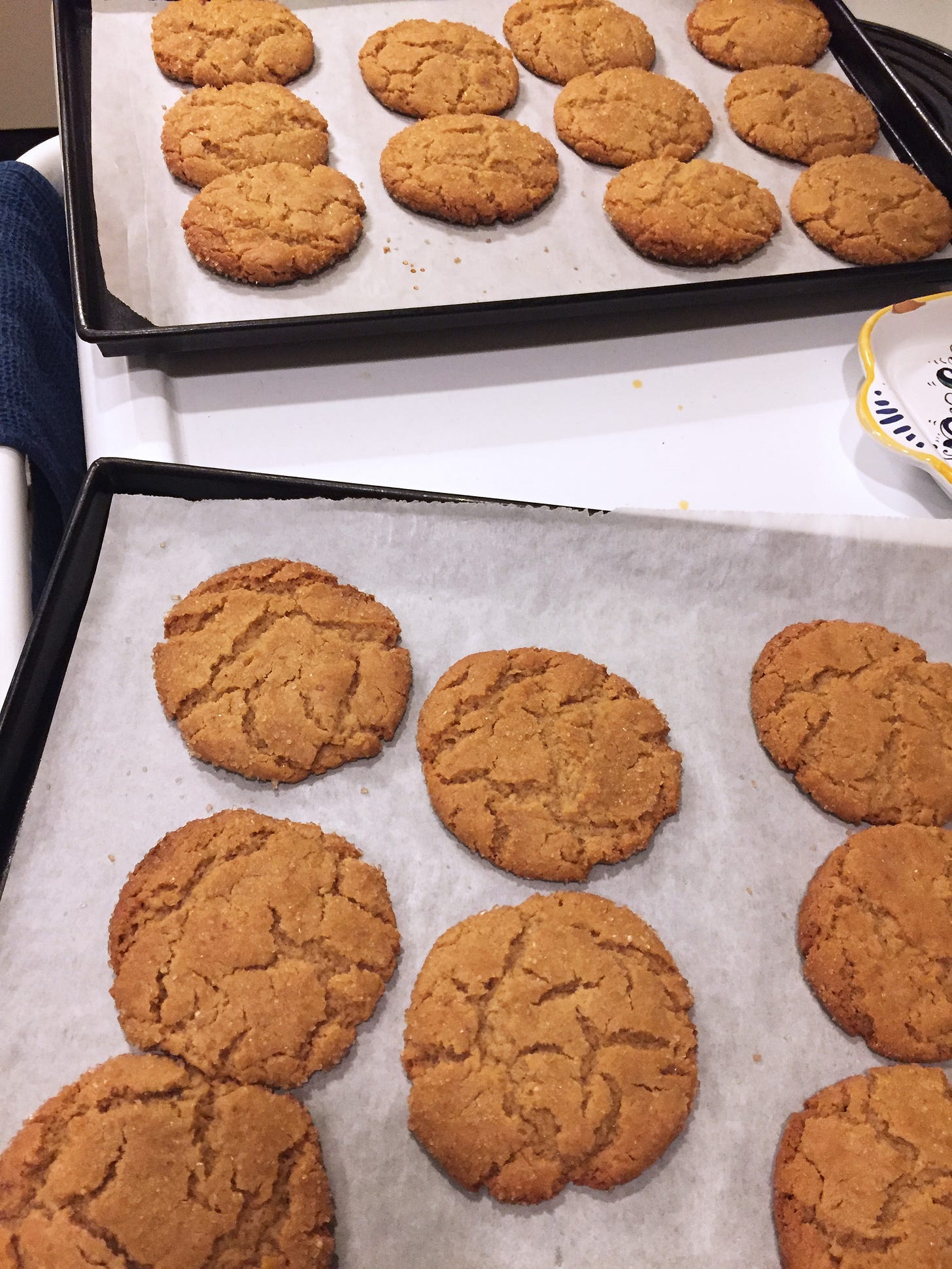 Two baking sheets of crinkly peanut butter cookies rest on top of a stove.
