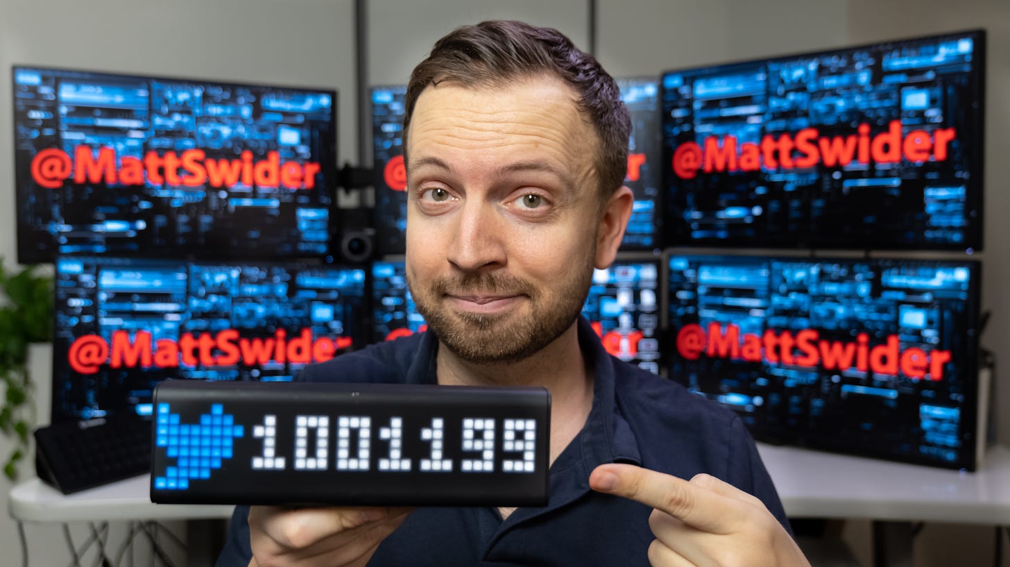 Matt Swider reaching one million Twitter followers holding a sign