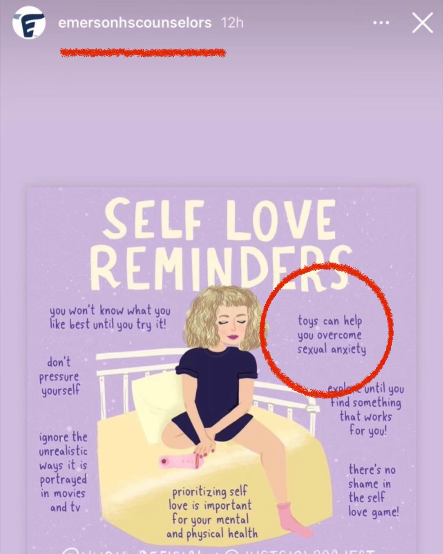 May be an illustration of 1 person, book and text that says 'E emersonhscounselors 12h SELF LOVE REMINDER you won't know what you like best until you try it! don't pressure yourself toys can help you overcome sexual anxiety until you Find something that works for you! ignore the unrealistic ways it is portrayed in movies and tv prioritizing self love important for your mental and physical health there's no shame in the self love AaTe!'