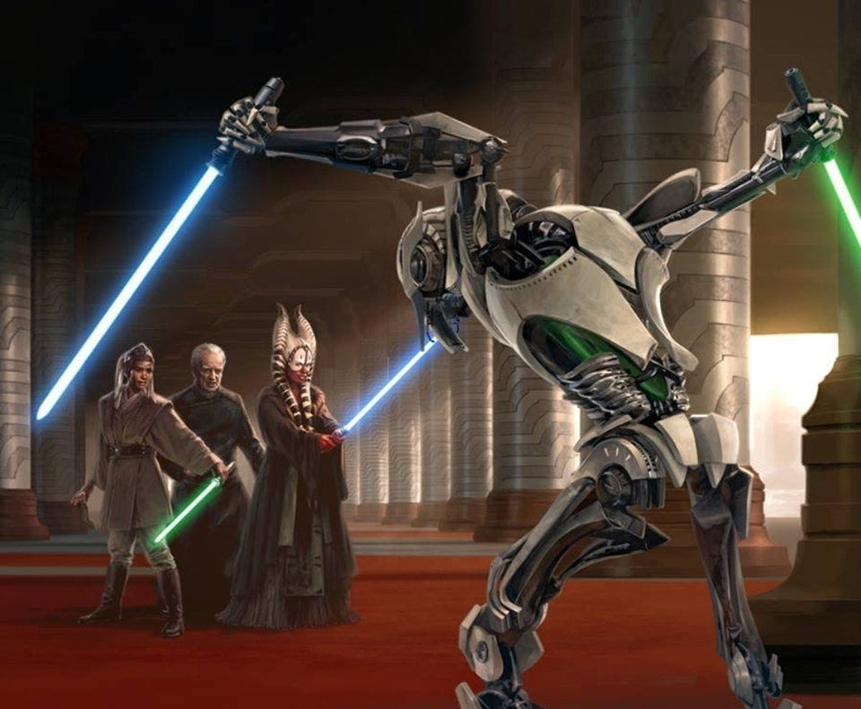 r/StarWarsEU - 15 years has gone by since Luceno's RotS prequel novel, Labyrinth of Evil, released; here's official art by Chris Trevas depicting Shaak Ti and Stass Allie protecting Palpatine from General Grievous during the Battle of Coruscant