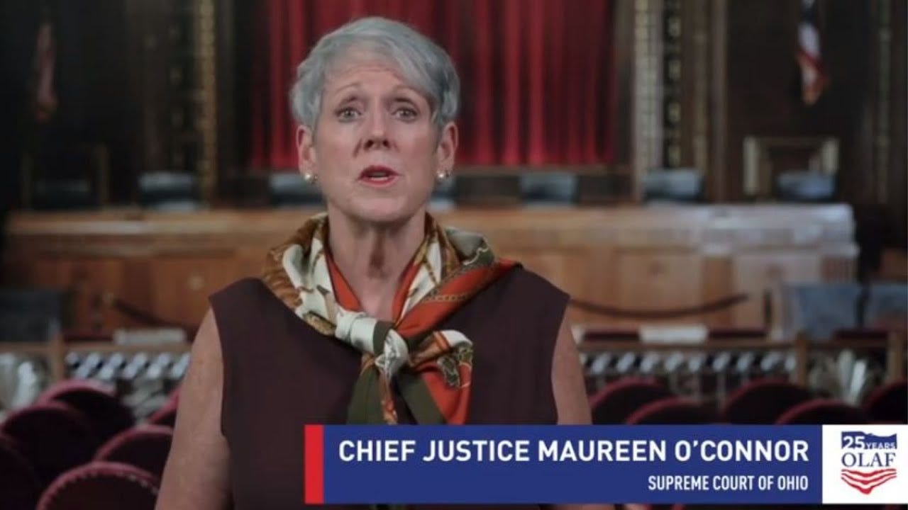 A YouTube screencap of Chief Justice Maureen O'Connor speaking