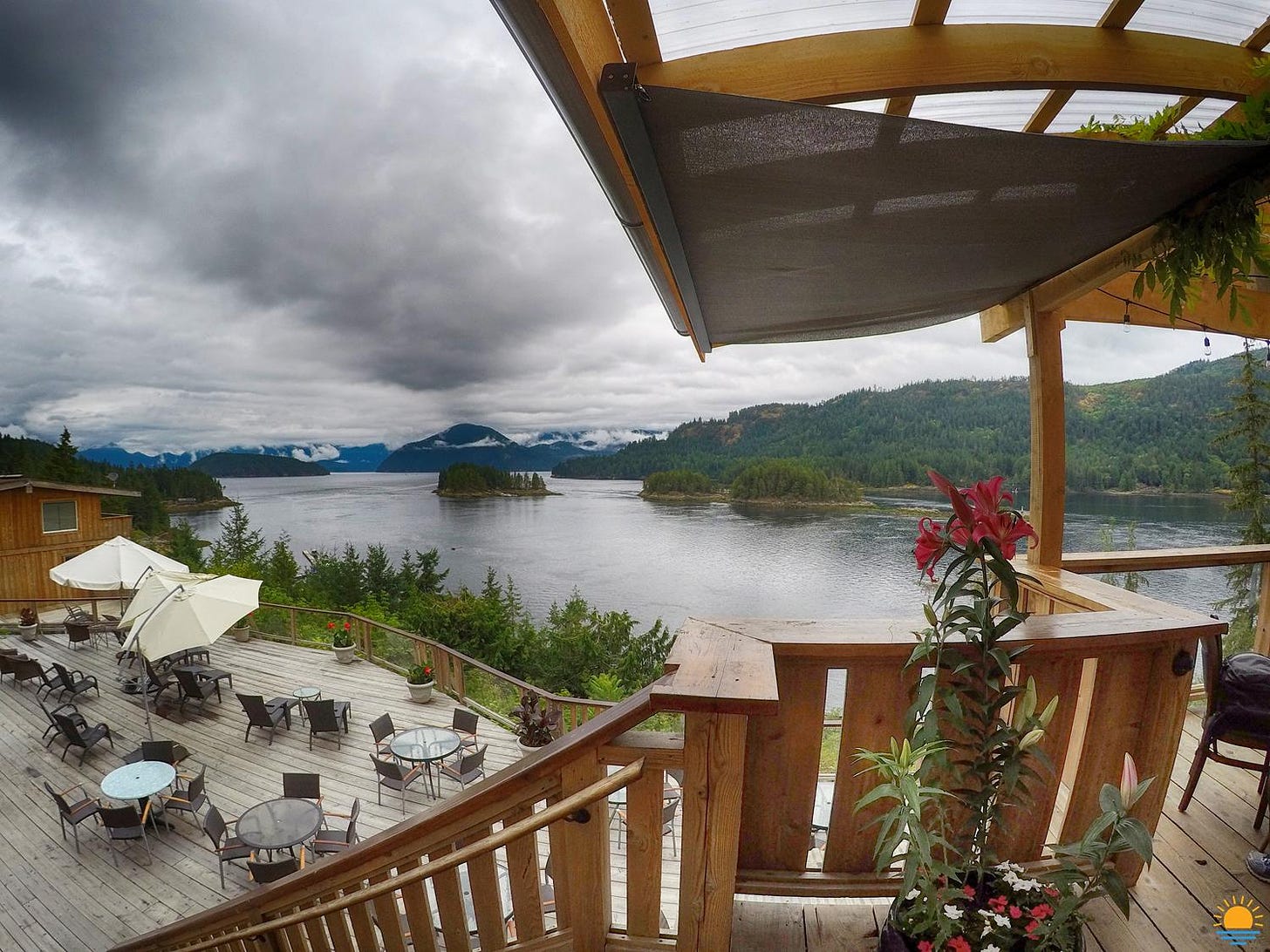 Even on an overcast day, the view from the deck at West Coast Wilderness Lodge is incredible.