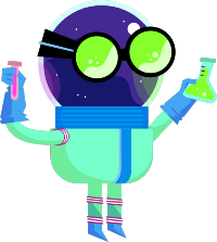 Glitchnaut wearing goggles and holding up test tubes
