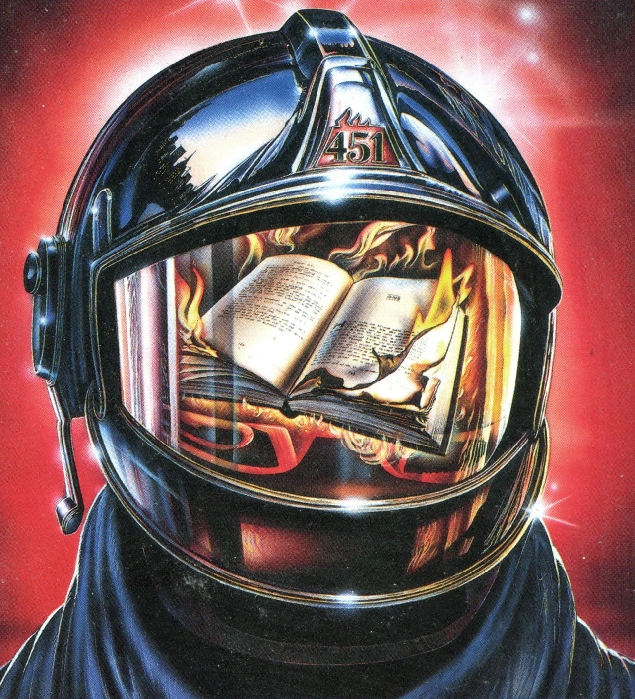 This saturday’s helmet reflection comes from a futuristic firefighter, and includes a cheeky identification number. It’s a 1990 cover by Steve Crisp, and it is, of course, for Ray Bradbury’s Fahrenheit 451. Looks like chapter one starts in the middle...