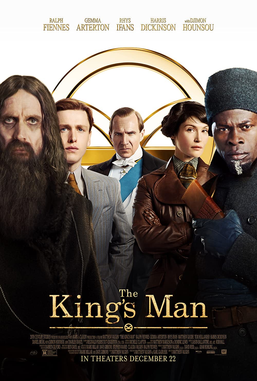 Poster for "The King's Man" with Ralph Fiennes, Gemma Arterton, Rhys Ifans, Harris Dickinson, and Djimon Hounsou facing the camera.