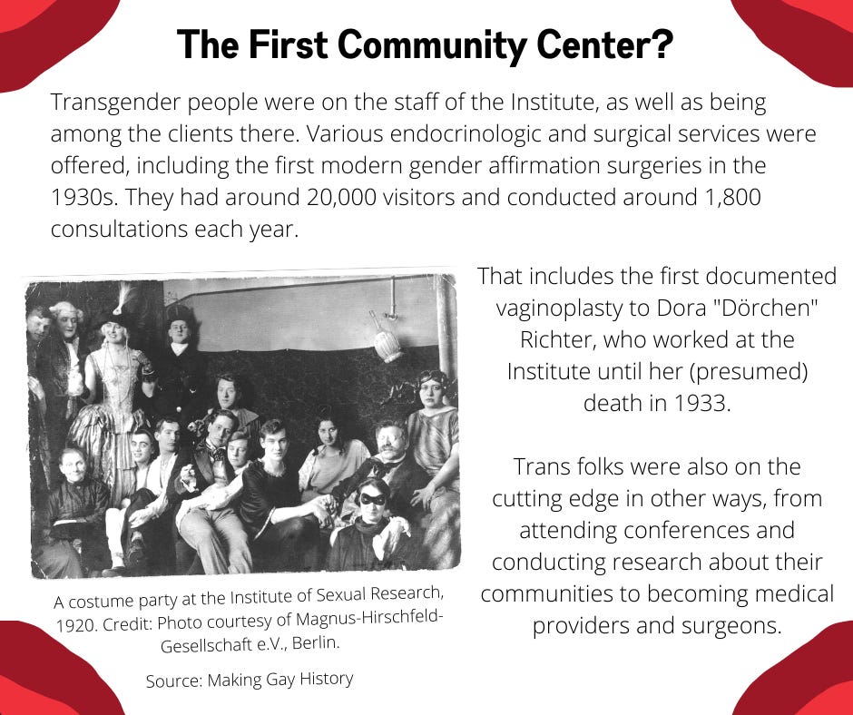 Transgender people were on the staff of the Institute, as well as being among the clients there. Various endocrinologic and surgical services were offered, including the first modern gender affirmation surgeries in the 1930s. They had around 20,000 visitors and conducted around 1,800 consultations each year.  That includes the first documented vaginoplasty to Dora "Dörchen" Richter, who worked at the Institute until her (presumed) death in 1933.  Trans folks were also on the cutting edge in other ways, from attending conferences and conducting research about their communities to becoming medical providers and surgeons.